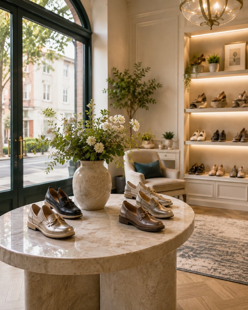 Interior of Natural Footwear Boutique with shoes displayed on a marble table