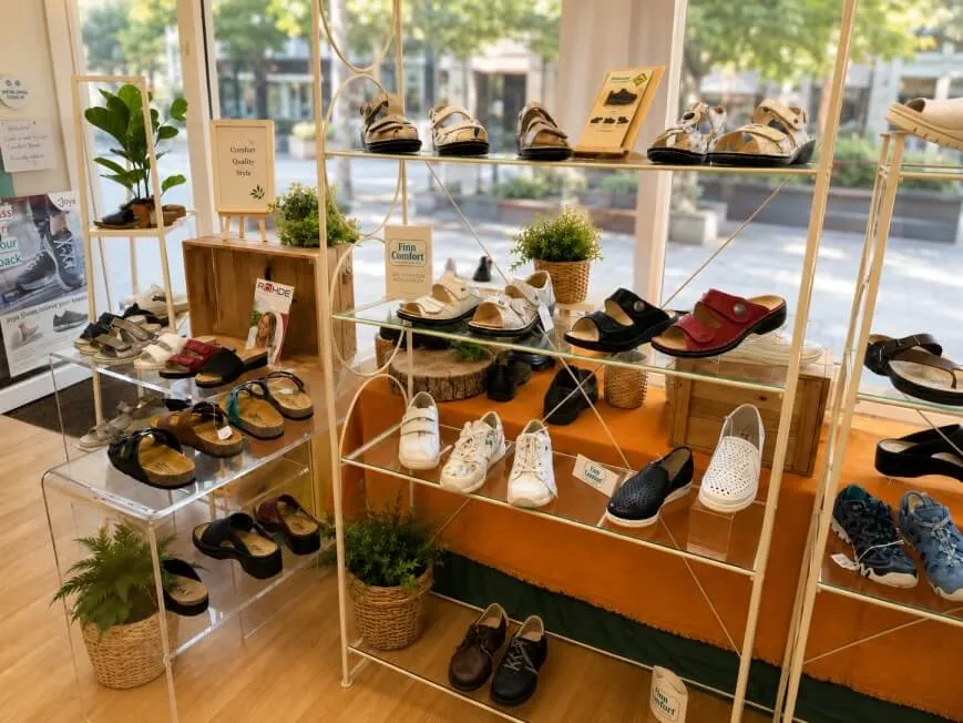 Natural Footwear boutique interior with comfort shoes on display and daylight from the shop windows